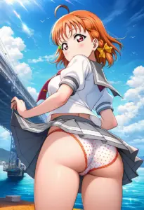 海辺にいる夏服姿の高海千歌の背面パンチラ