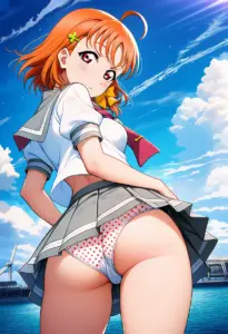 海辺にいる夏服姿の高海千歌の背面パンチラ