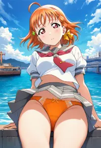 海辺にいる夏服姿の高海千歌の座りパンチラ