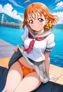 海辺にいる夏服姿の高海千歌の座りパンチラ