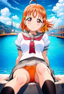 海辺にいる夏服姿の高海千歌の座りパンチラ