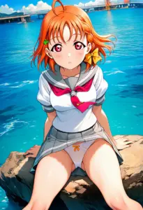 海辺にいる夏服姿の高海千歌の座りパンチラ