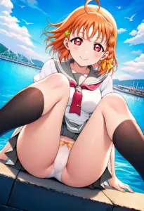 海辺にいる夏服姿の高海千歌の座りパンチラ