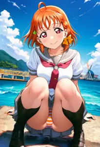 海辺にいる夏服姿の高海千歌の座りパンチラ