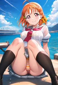 海辺にいる夏服姿の高海千歌の座りパンチラ