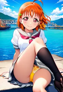 海辺にいる夏服姿の高海千歌の座りパンチラ