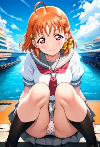 海辺にいる夏服姿の高海千歌の座りパンチラ