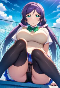 屋上にいる夏服姿の東條希の座りパンチラ