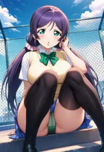 屋上にいる夏服姿の東條希の座りパンチラ