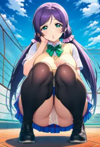 屋上にいる夏服姿の東條希の座りパンチラ