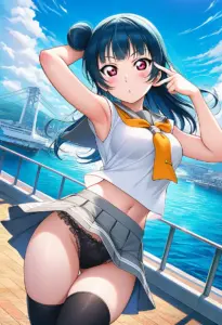 海辺にいる夏服姿の津島善子のパンチラ