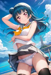 海辺にいる夏服姿の津島善子のパンチラ