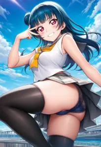 海辺にいる夏服姿の津島善子のパンチラ