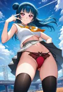 海辺にいる夏服姿の津島善子のパンチラ