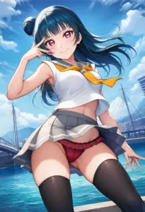 海辺にいる夏服姿の津島善子のパンチラ
