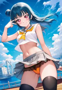 海辺にいる夏服姿の津島善子のパンチラ
