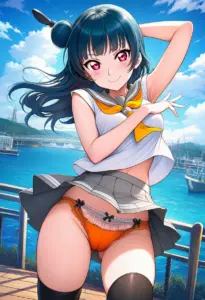 海辺にいる夏服姿の津島善子のパンチラ