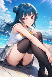 海辺にいる夏服姿の津島善子の座りパンチラ