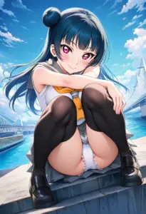海辺にいる夏服姿の津島善子の座りパンチラ