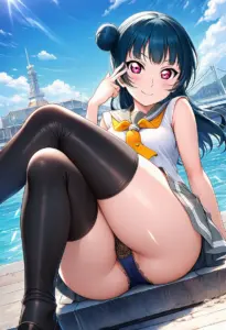 海辺にいる夏服姿の津島善子の座りパンチラ