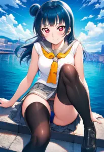 海辺にいる夏服姿の津島善子の座りパンチラ