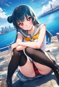 海辺にいる夏服姿の津島善子の座りパンチラ