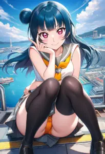 海辺にいる夏服姿の津島善子の座りパンチラ