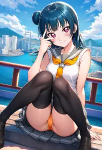 海辺にいる夏服姿の津島善子の座りパンチラ
