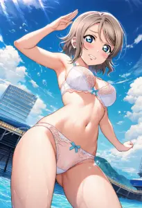 海辺で下着を露出させられる渡辺曜