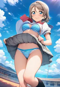 海辺で下着を露出させられる夏服姿の渡辺曜
