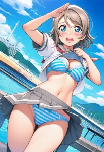 海辺で下着を露出させられる夏服姿の渡辺曜
