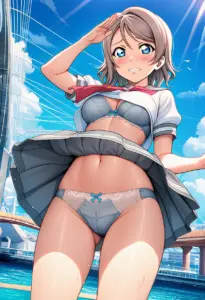 海辺で下着を露出させられる夏服姿の渡辺曜