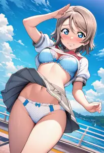 海辺で下着を露出させられる夏服姿の渡辺曜