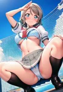 海辺で下着を露出させられる夏服姿の渡辺曜