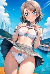海辺で下着を露出させられる夏服姿の渡辺曜