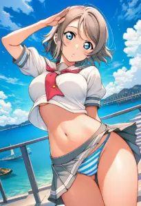 海辺にいる夏服姿の渡辺曜のパンチラ