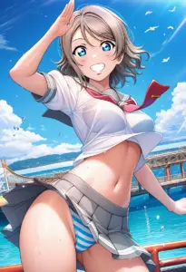 海辺にいる夏服姿の渡辺曜のパンチラ