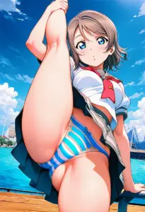 海辺にいる夏服姿の渡辺曜のパンチラ