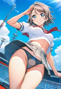 海辺にいる夏服姿の渡辺曜のパンチラ