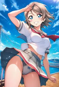 海辺にいる夏服姿の渡辺曜のパンチラ