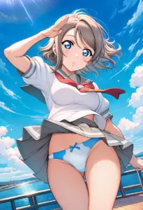海辺にいる夏服姿の渡辺曜のパンチラ