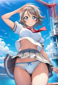 海辺にいる夏服姿の渡辺曜のパンチラ