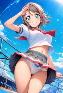 海辺にいる夏服姿の渡辺曜のパンチラ