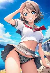 海辺にいる夏服姿の渡辺曜のパンチラ