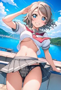 海辺にいる夏服姿の渡辺曜のパンチラ