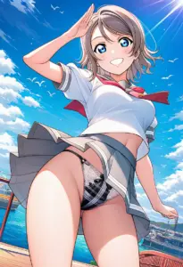 海辺にいる夏服姿の渡辺曜のパンチラ