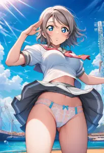 海辺にいる夏服姿の渡辺曜のパンチラ
