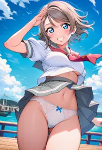 海辺にいる夏服姿の渡辺曜のパンチラ