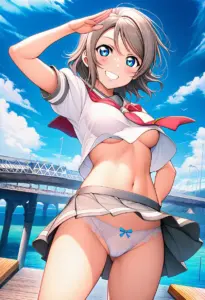 海辺にいる夏服姿の渡辺曜のパンチラ