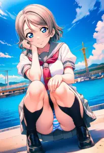 海辺にいる夏服姿の渡辺曜の座りパンチラ